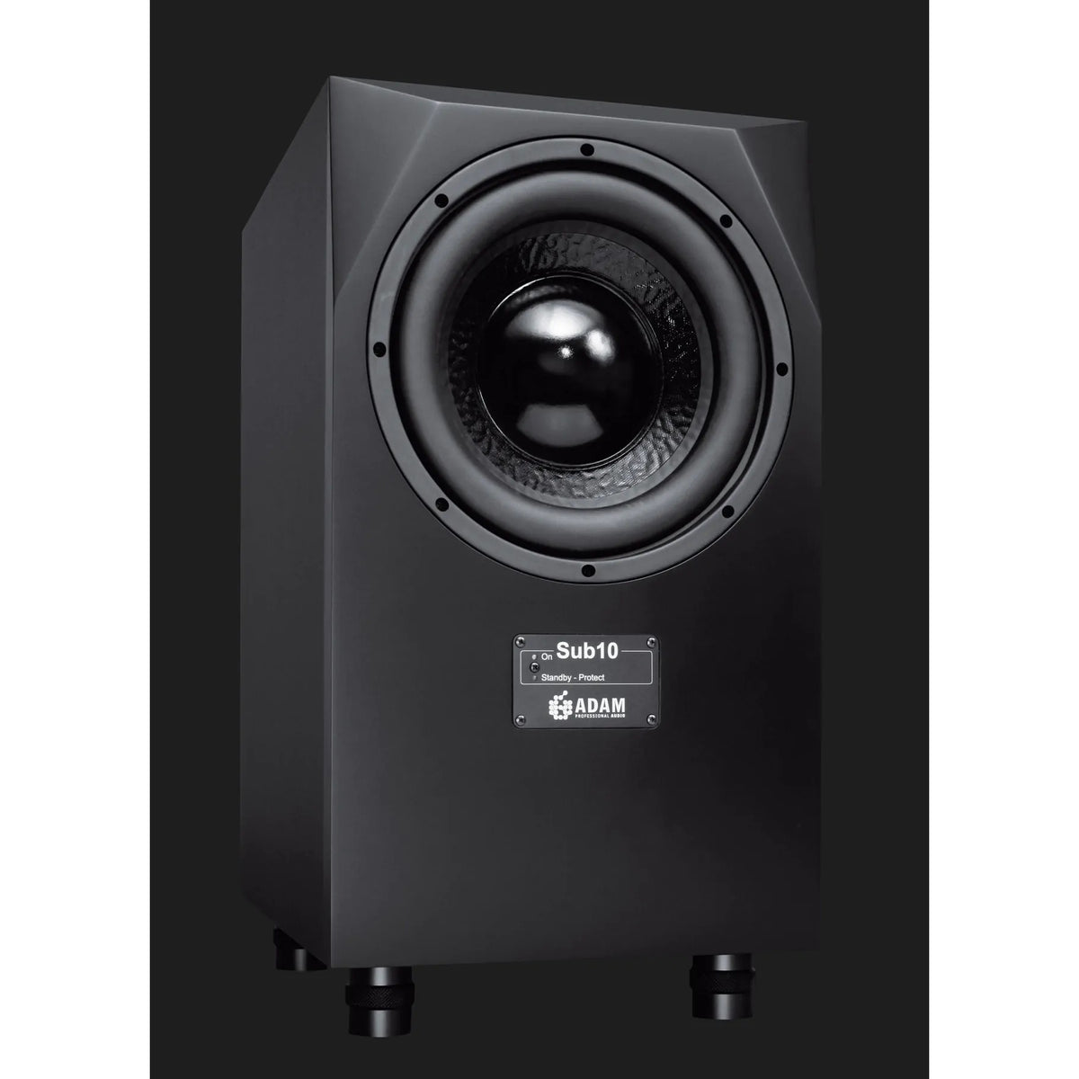 Sub10 MK2 front three-quarter view showing 10-inch woofer with glossy dust cap, badge with On and Standby-Protect indicators, and black feet, Adam Audio