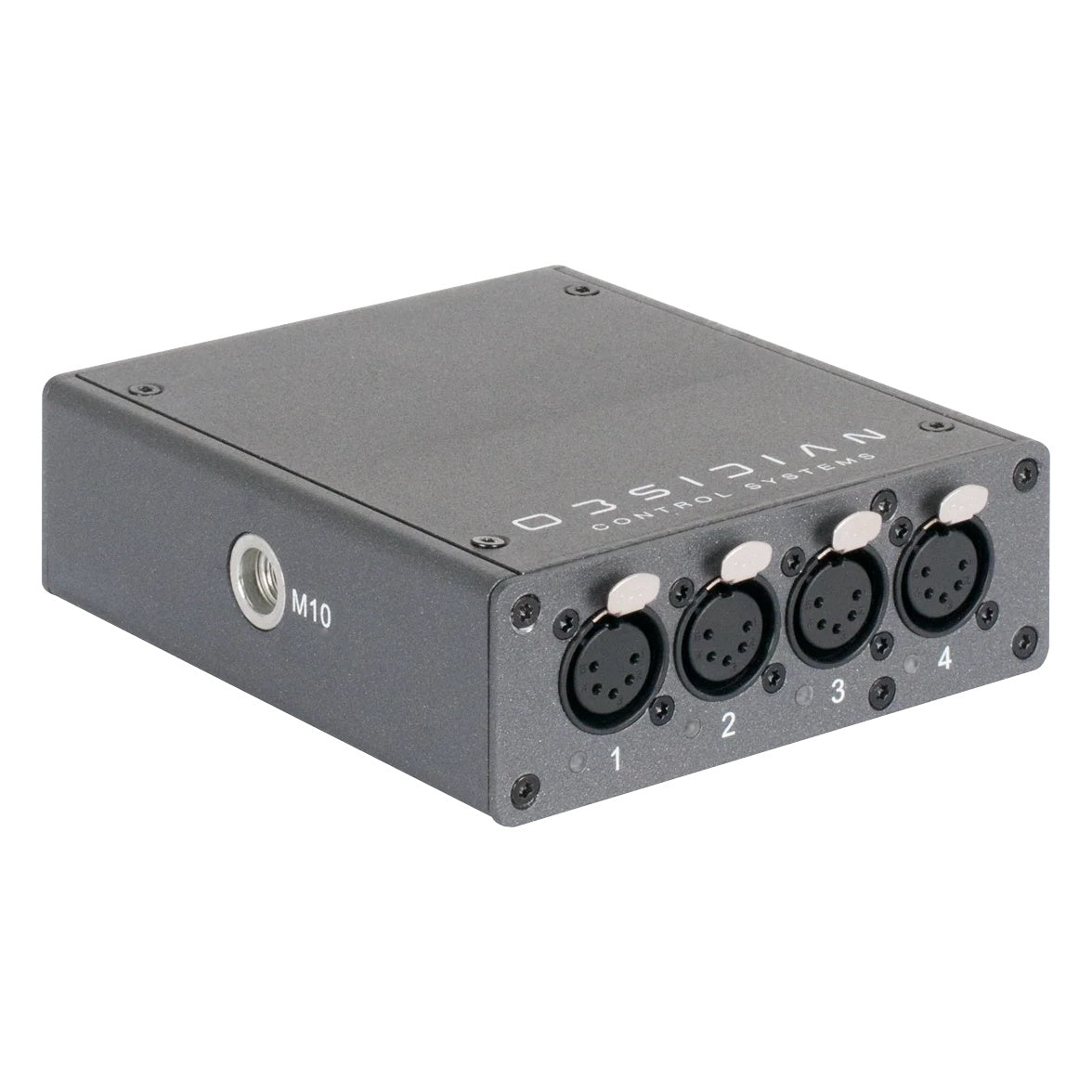 NRE023 EP4 4-universe Art-Net sACN node angled view showing four 5-pin XLR DMX outputs and M10 mounting thread, OBSIDIAN Control Systems