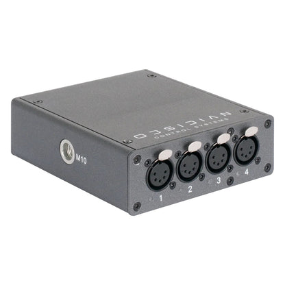NRE023 EP4 4-universe Art-Net sACN node angled view showing four 5-pin XLR DMX outputs and M10 mounting thread, OBSIDIAN Control Systems
