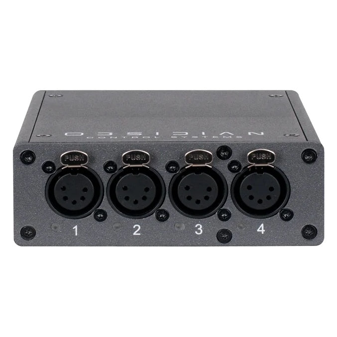 NRE023 EP4 node front view with four numbered 5-pin XLR DMX output ports and status LEDs, OBSIDIAN Control Systems