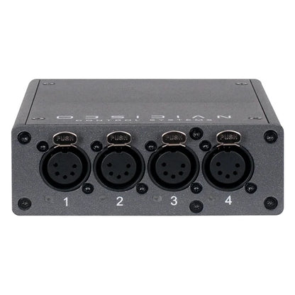 NRE023 EP4 node front view with four numbered 5-pin XLR DMX output ports and status LEDs, OBSIDIAN Control Systems