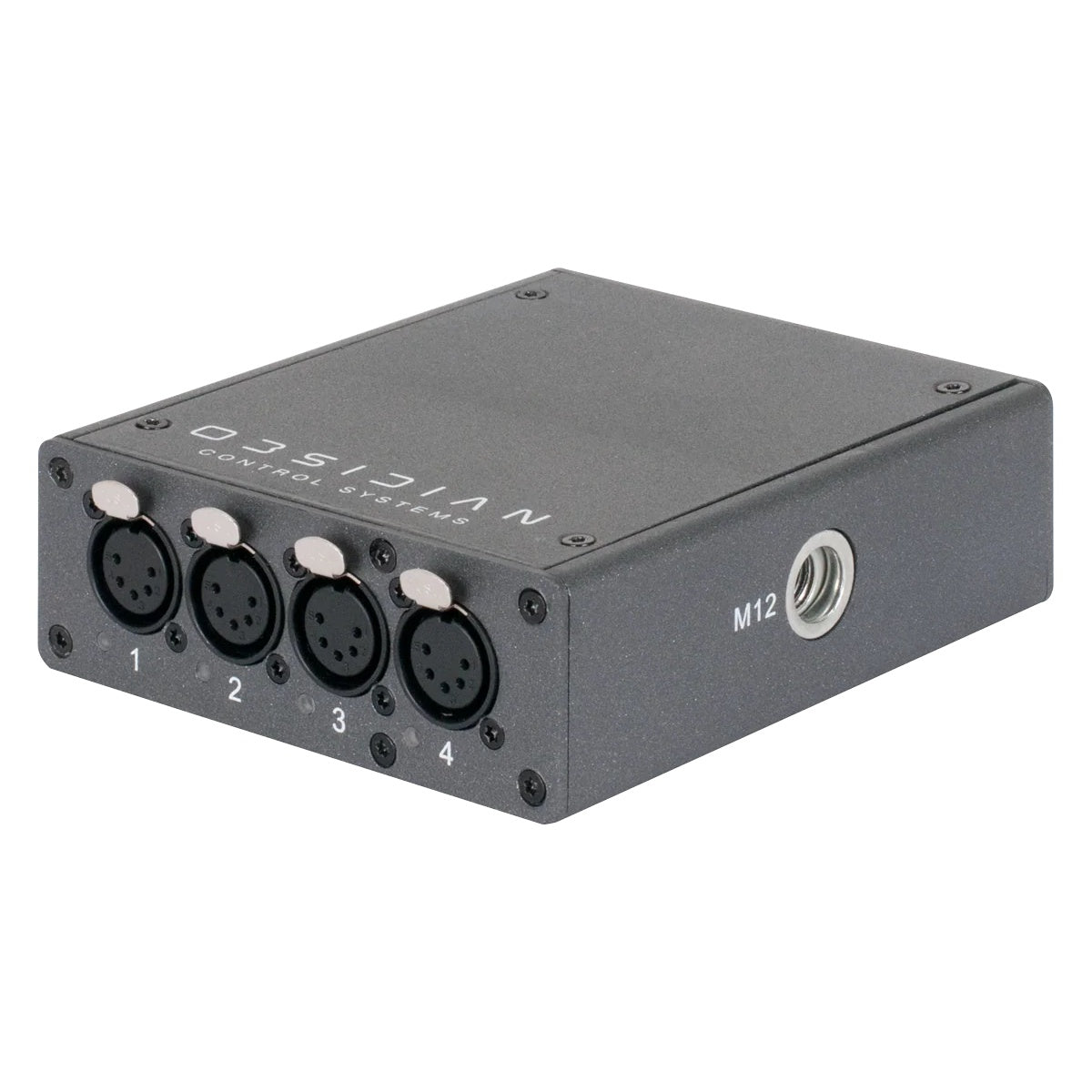 NRE023 EP4 node angled view from opposite side showing DMX output panel and M12 threaded mounting point, OBSIDIAN Control Systems