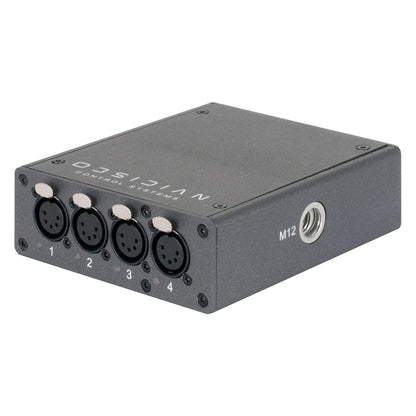 NRE023 EP4 node angled view from opposite side showing DMX output panel and M12 threaded mounting point, OBSIDIAN Control Systems