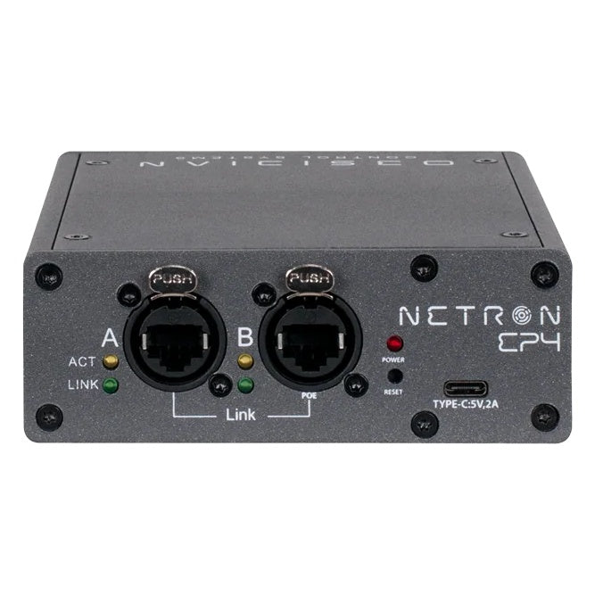 NRE023 EP4 node rear panel with dual etherCON A/B ports, PoE link LEDs, reset button and USB-C 5V power input, OBSIDIAN Control Systems
