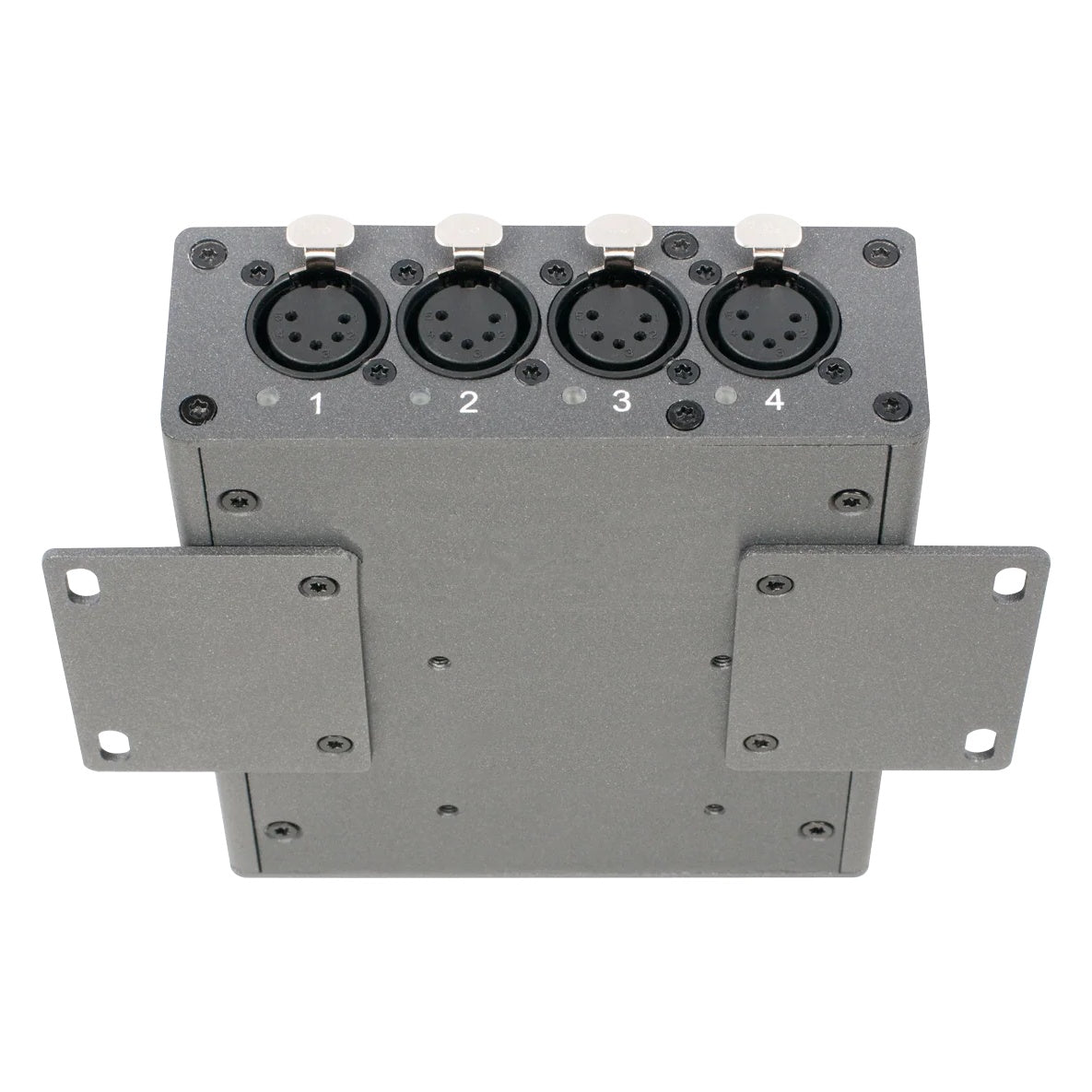 NRE023 EP4 node top-down view showing DMX output face and bracket mounting plate with slotted holes, OBSIDIAN Control Systems