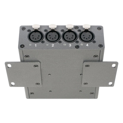 NRE023 EP4 node top-down view showing DMX output face and bracket mounting plate with slotted holes, OBSIDIAN Control Systems