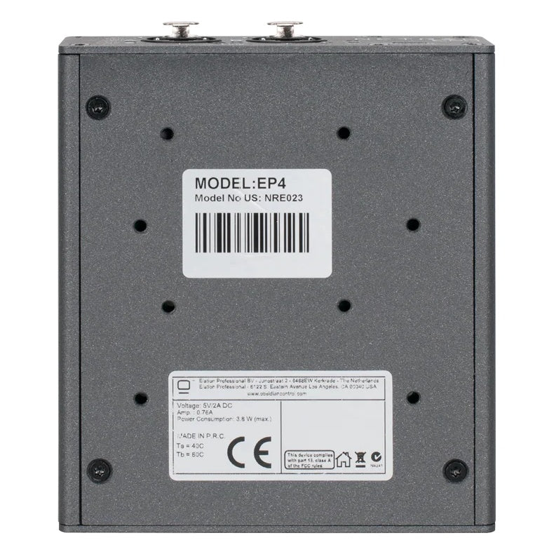 NRE023 EP4 node bottom view with model label NRE023 and 5V/2A DC specification plate, OBSIDIAN Control Systems