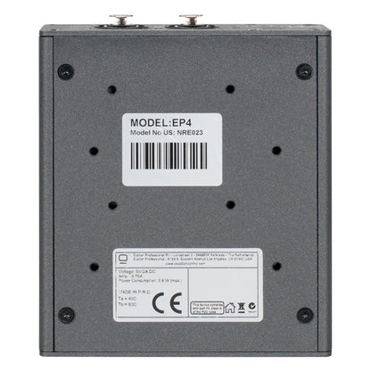 NRE023 EP4 node bottom view with model label NRE023 and 5V/2A DC specification plate, OBSIDIAN Control Systems