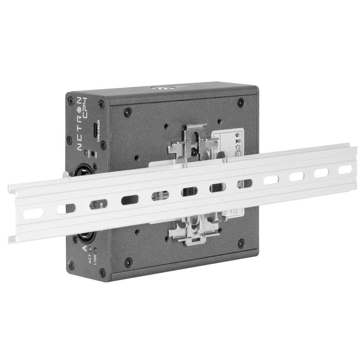 NRE023 EP4 node mounted on DIN rail clip accessory for install racks, OBSIDIAN Control Systems