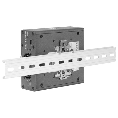 NRE023 EP4 node mounted on DIN rail clip accessory for install racks, OBSIDIAN Control Systems