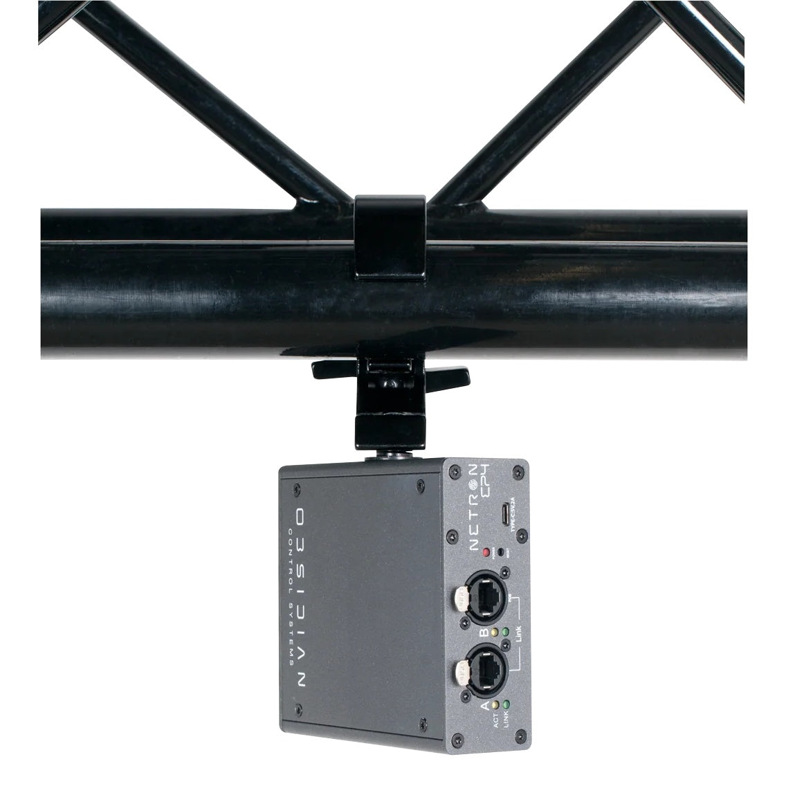 NRE023 EP4 node hung from truss on a hook clamp showing etherCON network panel in use, OBSIDIAN Control Systems