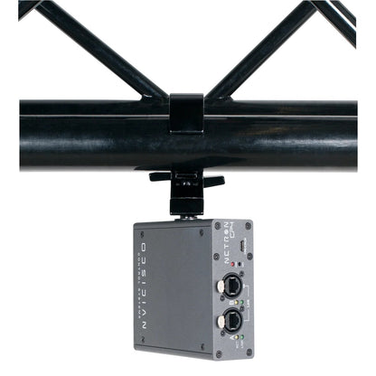 NRE023 EP4 node hung from truss on a hook clamp showing etherCON network panel in use, OBSIDIAN Control Systems