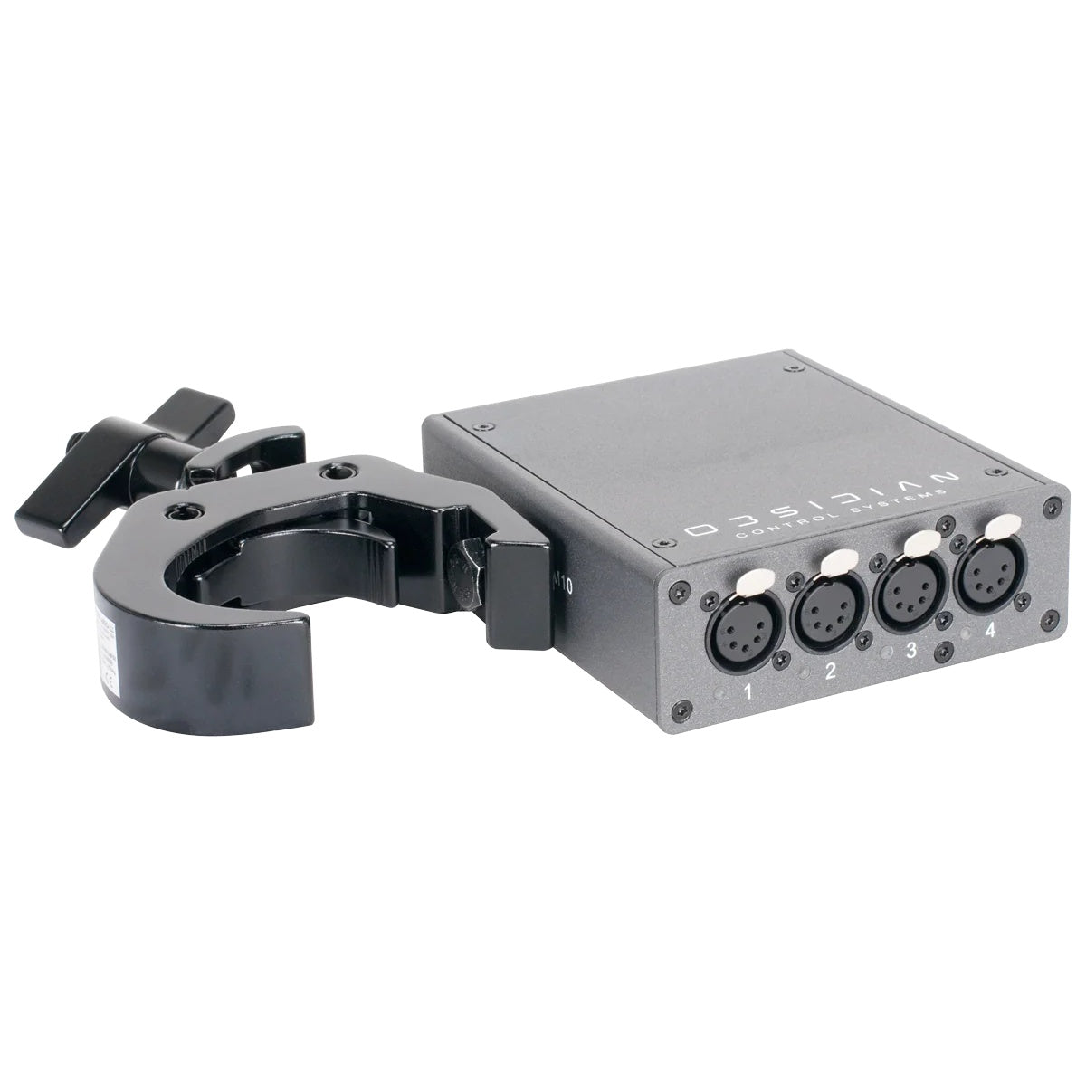 NRE023 EP4 node fitted with half-coupler truss clamp beside four DMX XLR outputs, OBSIDIAN Control Systems
