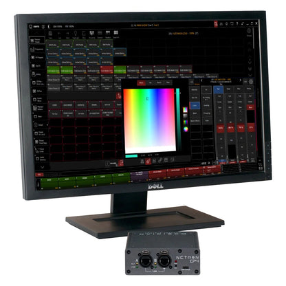 NRE023 EP4 node pictured with ONYX lighting control software on monitor showing color picker and fixture grid, OBSIDIAN Control Systems