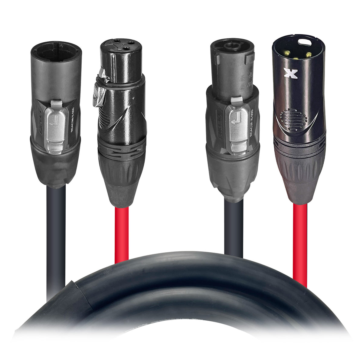 XC-TR112-XLR03 combo jumper cable connector ends showing black powerCON connectors with locking latches beside red-jacketed XLR female and XLR male, ProX Live Performance Gear