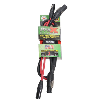 XC-TR112-XLR03 3 ft dual powerCON to XLR combo jumper cable in retail packaging with ProX header card and hook-and-loop strap, ProX Live Performance Gear