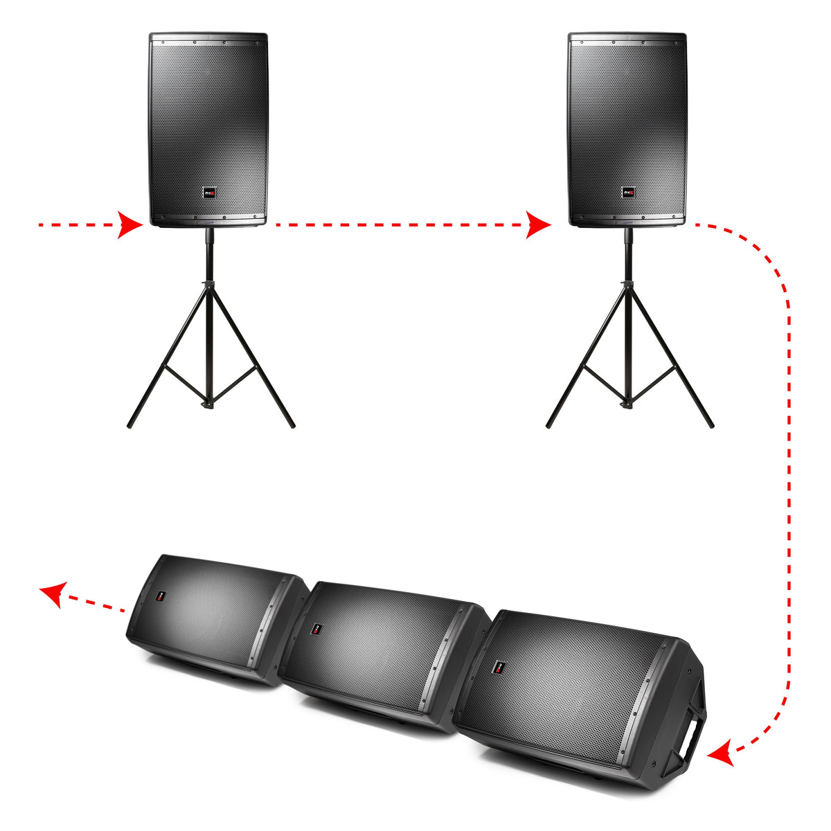 XC-TR112-XLR03 daisy-chain wiring diagram showing red dashed signal path linking two stand-mounted powered speakers to three stage monitor wedges, ProX Live Performance Gear