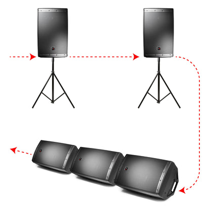 XC-TR112-XLR03 daisy-chain wiring diagram showing red dashed signal path linking two stand-mounted powered speakers to three stage monitor wedges, ProX Live Performance Gear
