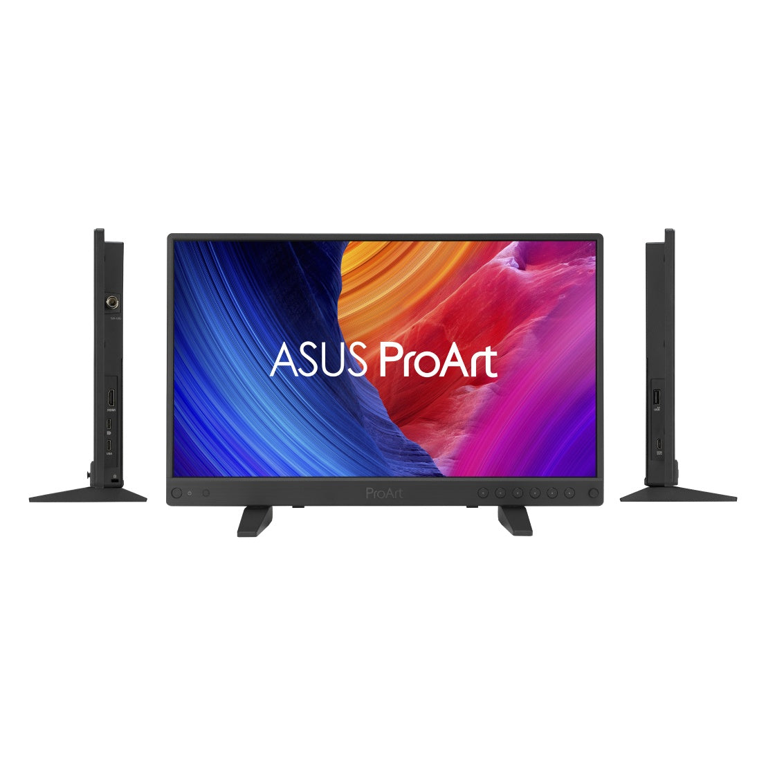 PA16USV ProArt front view flanked by left and right side profiles showing SDI, HDMI and USB-C ports on the edges and mini stand feet, ASUS