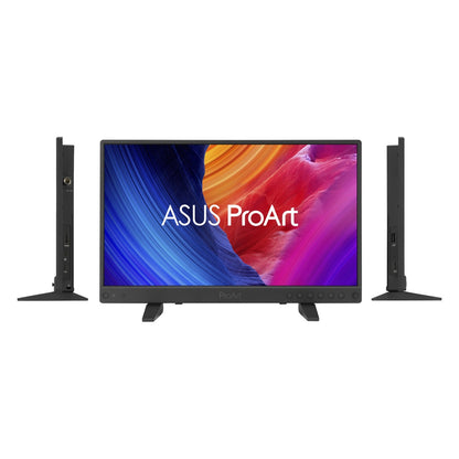 PA16USV ProArt front view flanked by left and right side profiles showing SDI, HDMI and USB-C ports on the edges and mini stand feet, ASUS