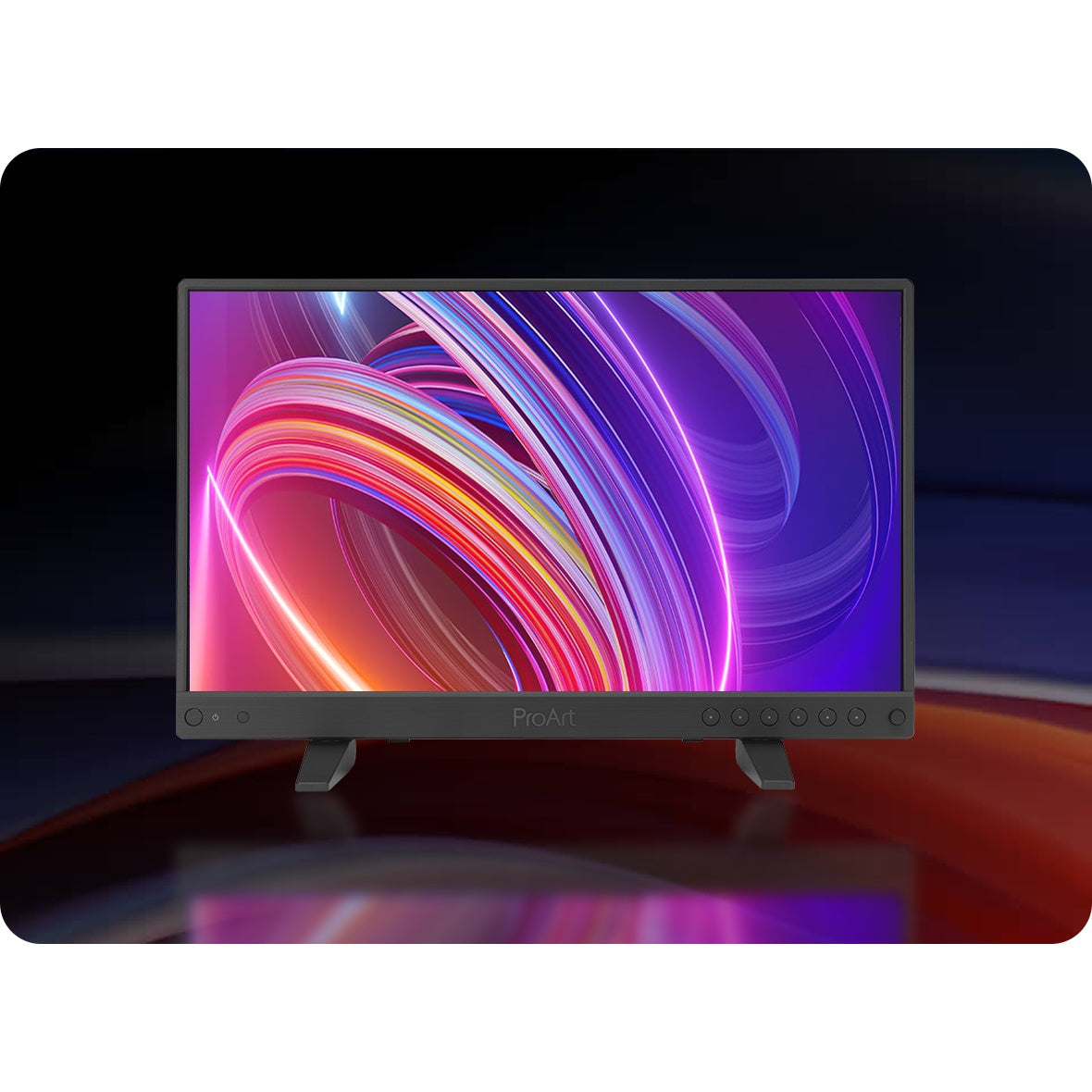 PA16USV ProArt front view on mini stand showing colorful 4K HDR display, bezel power and control buttons and ProArt logo, ASUS