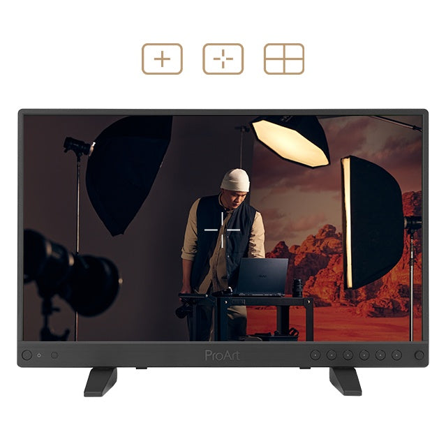 PA16USV ProArt front view on studio lighting set footage with crosshair and center marker overlay options above the screen, ASUS