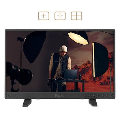 PA16USV ProArt front view on studio lighting set footage with crosshair and center marker overlay options above the screen, ASUS