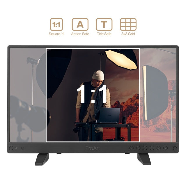 PA16USV ProArt front view with 1:1 square frame overlay on studio footage and Action Safe, Title Safe and 3x3 grid icons, ASUS