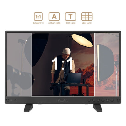 PA16USV ProArt front view with 1:1 square frame overlay on studio footage and Action Safe, Title Safe and 3x3 grid icons, ASUS