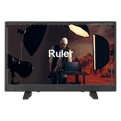 PA16USV ProArt front view with on-screen ruler overlay along the top and left edges of studio set footage, ASUS