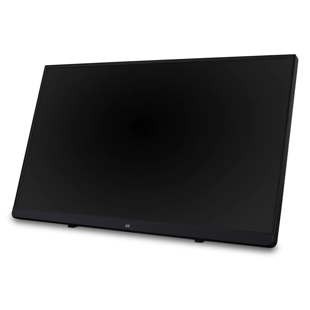 TD2230 22-inch touch monitor angled three-quarter view with powered-off black screen and slim bezel, ViewSonic