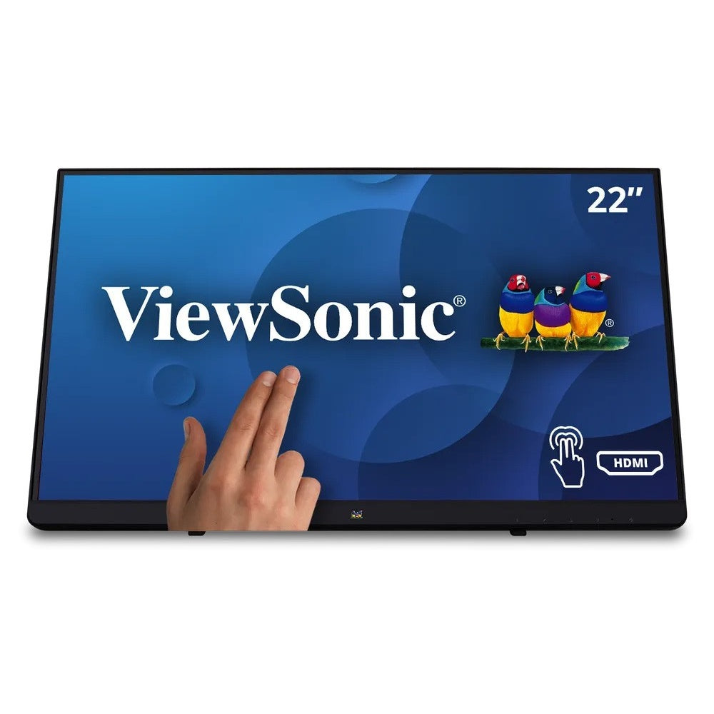 TD2230 front view showing ViewSonic logo screen with a hand touching the display and HDMI and touch icons, ViewSonic