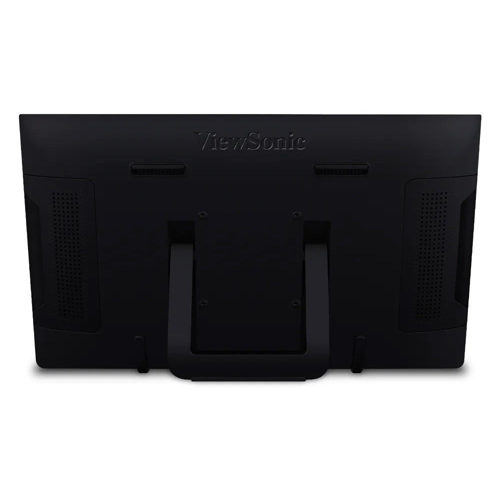 TD2230 rear view showing foldout stand, VESA mounting screw holes and speaker grilles on a black back panel, ViewSonic