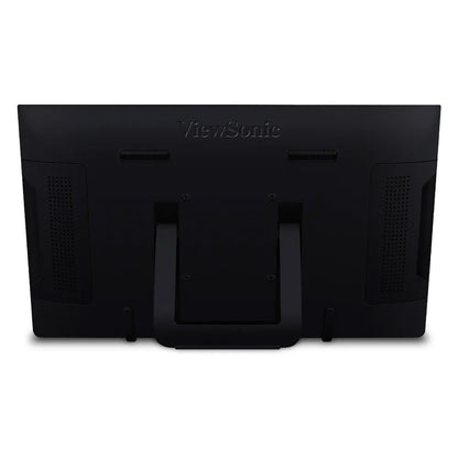TD2230 rear view showing foldout stand, VESA mounting screw holes and speaker grilles on a black back panel, ViewSonic