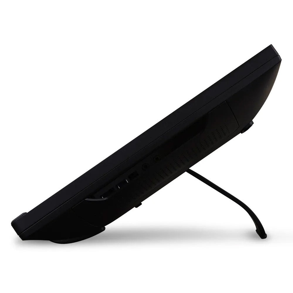 TD2230 side profile showing tilted stand leg and side-mounted USB ports with speaker vents, ViewSonic