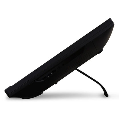 TD2230 side profile showing tilted stand leg and side-mounted USB ports with speaker vents, ViewSonic