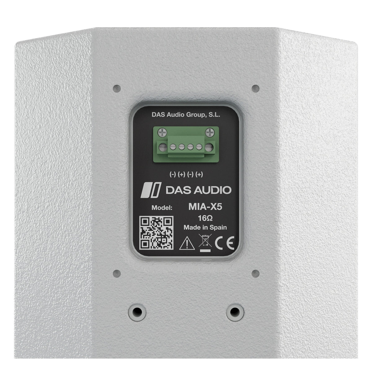 Mia-X 5" passive speaker rear panel close-up showing green 4-pole screw terminal block, MIA-X5 16 ohm label, QR code and CE marking, DAS Audio
