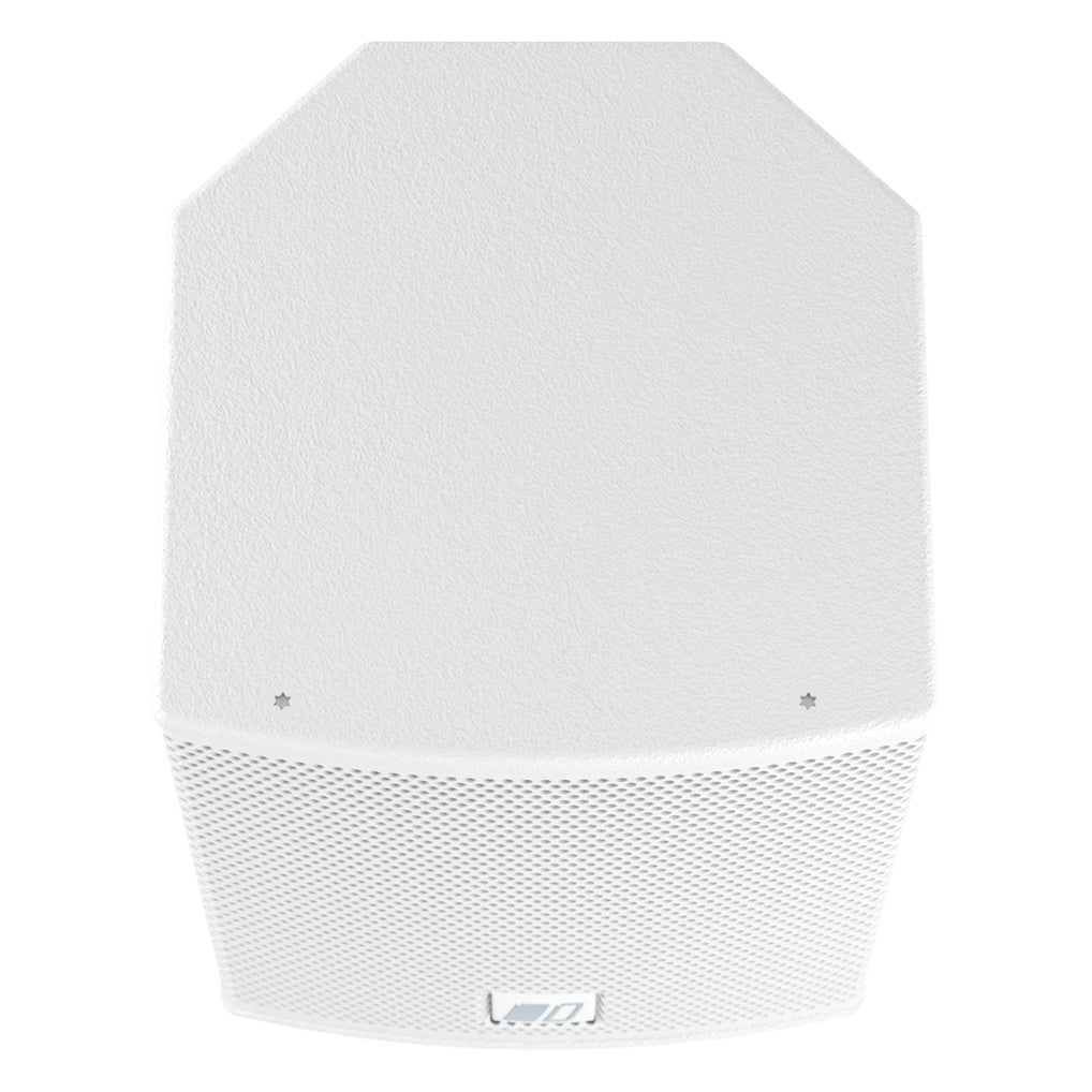 Mia-X 5" 2-way passive coaxial surface mount speaker in white, top-down view showing angled top panel, two fixing screws and front grille edge, DAS Audio
