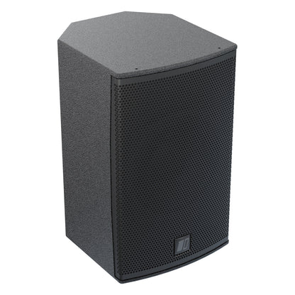 Mia-X6 three-quarter front view from the right showing textured black cabinet side and angled top panel, DAS Audio