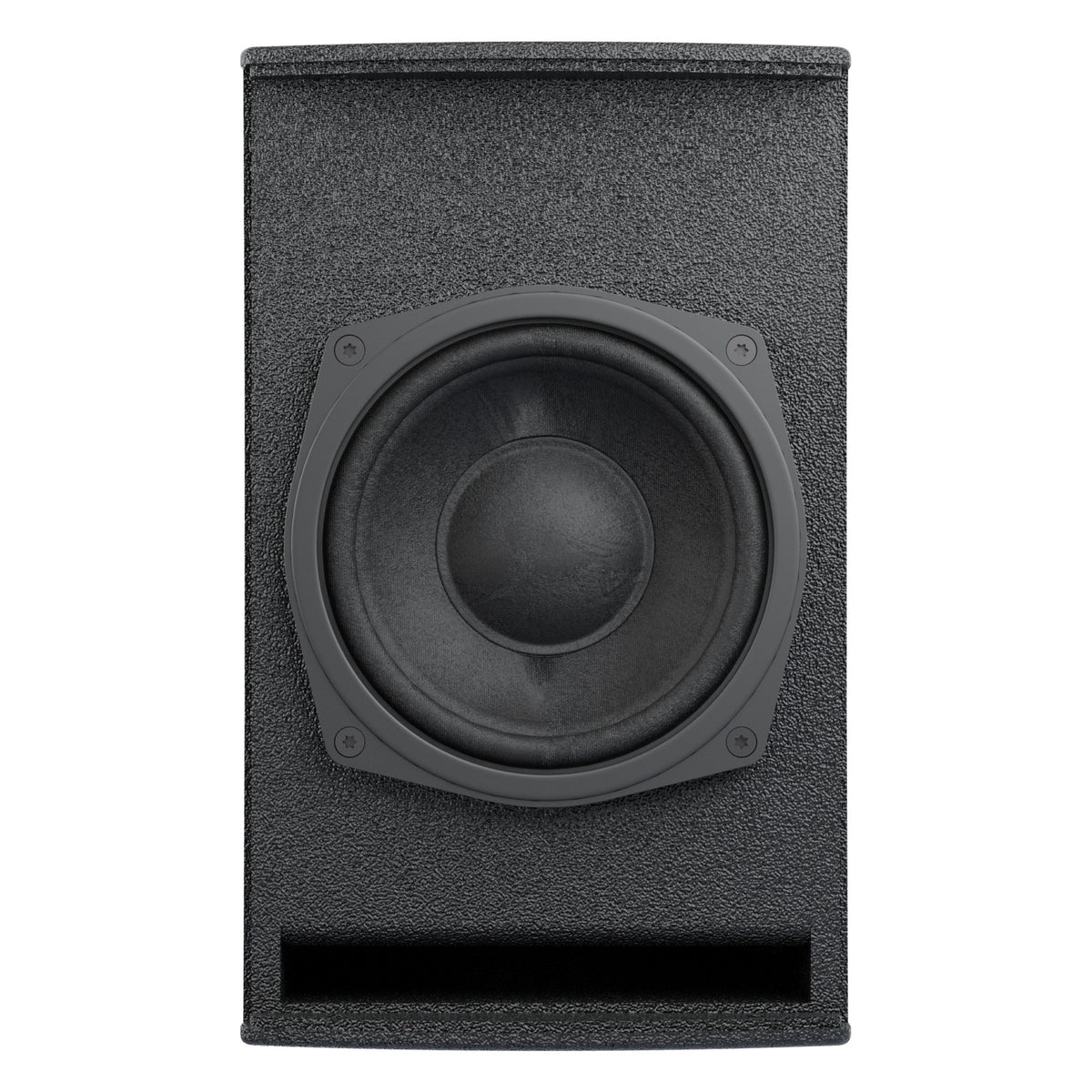 Mia-X6 grille-off view showing 6 inch coaxial driver and bass reflex port slot in textured black cabinet, DAS Audio