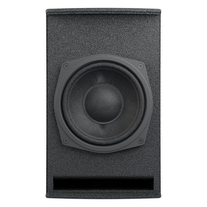 Mia-X6 grille-off view showing 6 inch coaxial driver and bass reflex port slot in textured black cabinet, DAS Audio