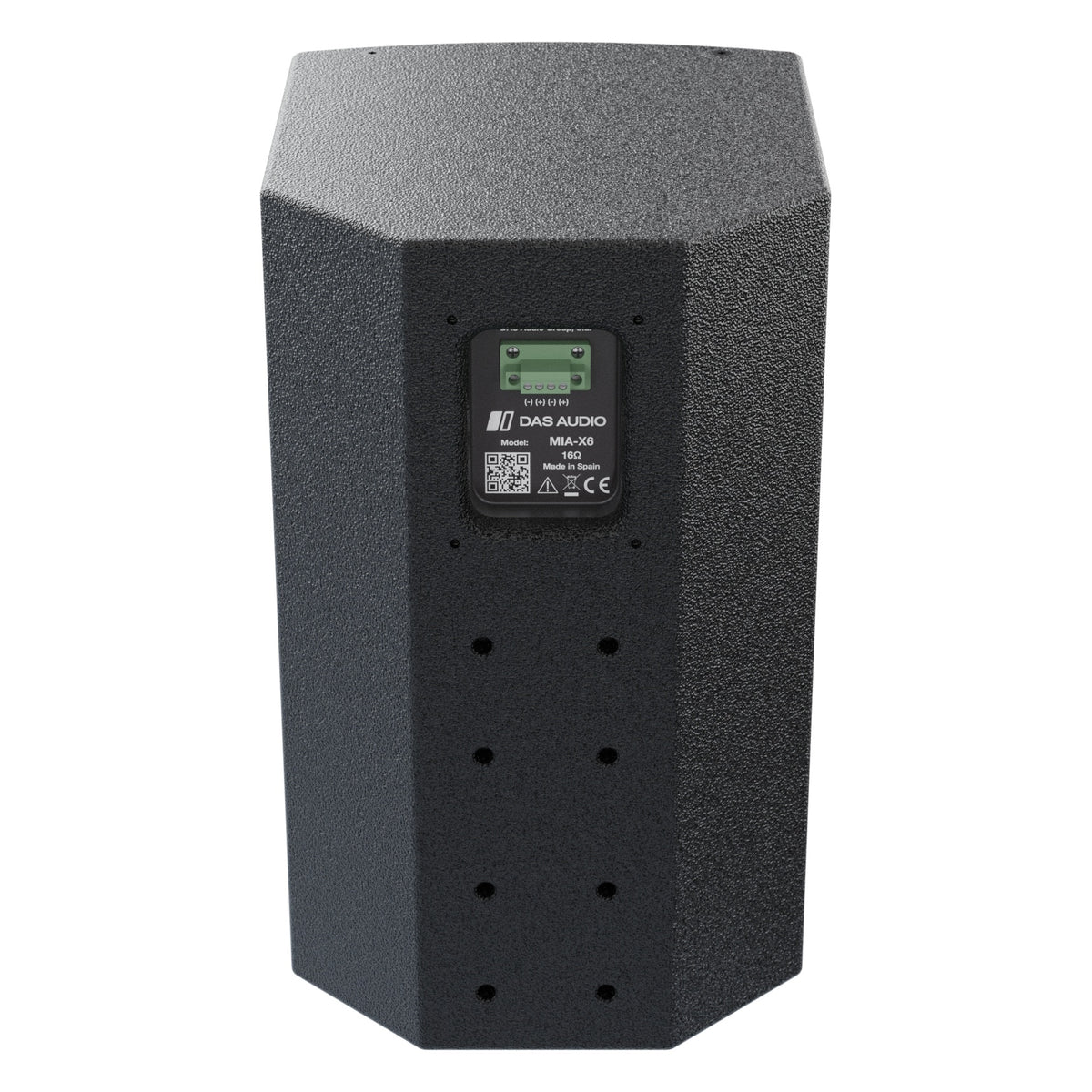 Mia-X6 rear view showing recessed terminal plate with green connector and eight mounting insert holes, DAS Audio