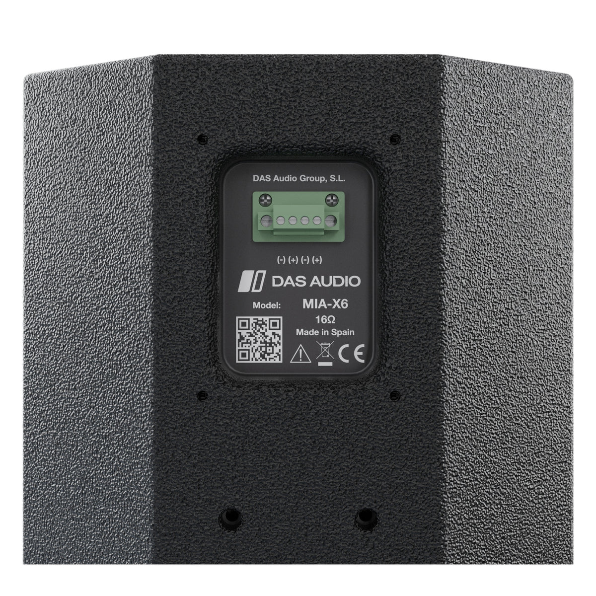 Mia-X6 close-up of rear terminal plate with green 4-pole connector, 16 ohm model label and QR code, DAS Audio
