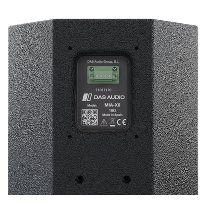 Mia-X6 close-up of rear terminal plate with green 4-pole connector, 16 ohm model label and QR code, DAS Audio