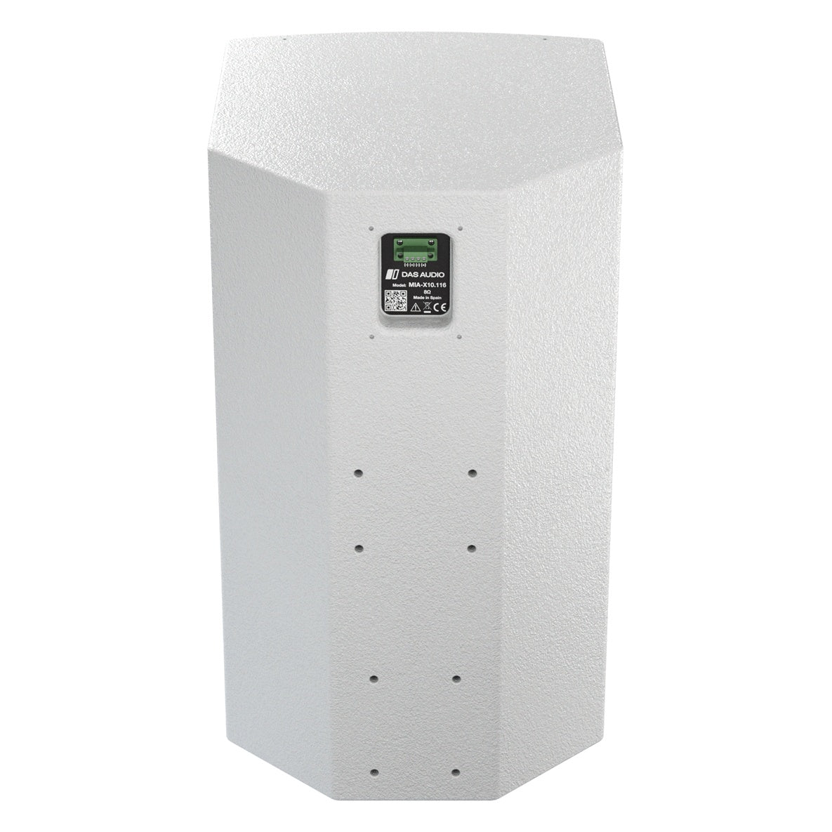 Mia-X 10 speaker rear view showing angled back panel with terminal plate and threaded mounting inserts in white textured finish, DAS Audio