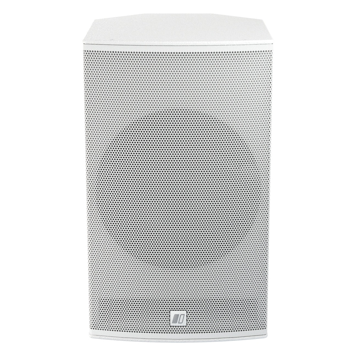 Mia-X 10 passive coaxial speaker straight front view with full perforated white grille and logo badge at bottom center, DAS Audio