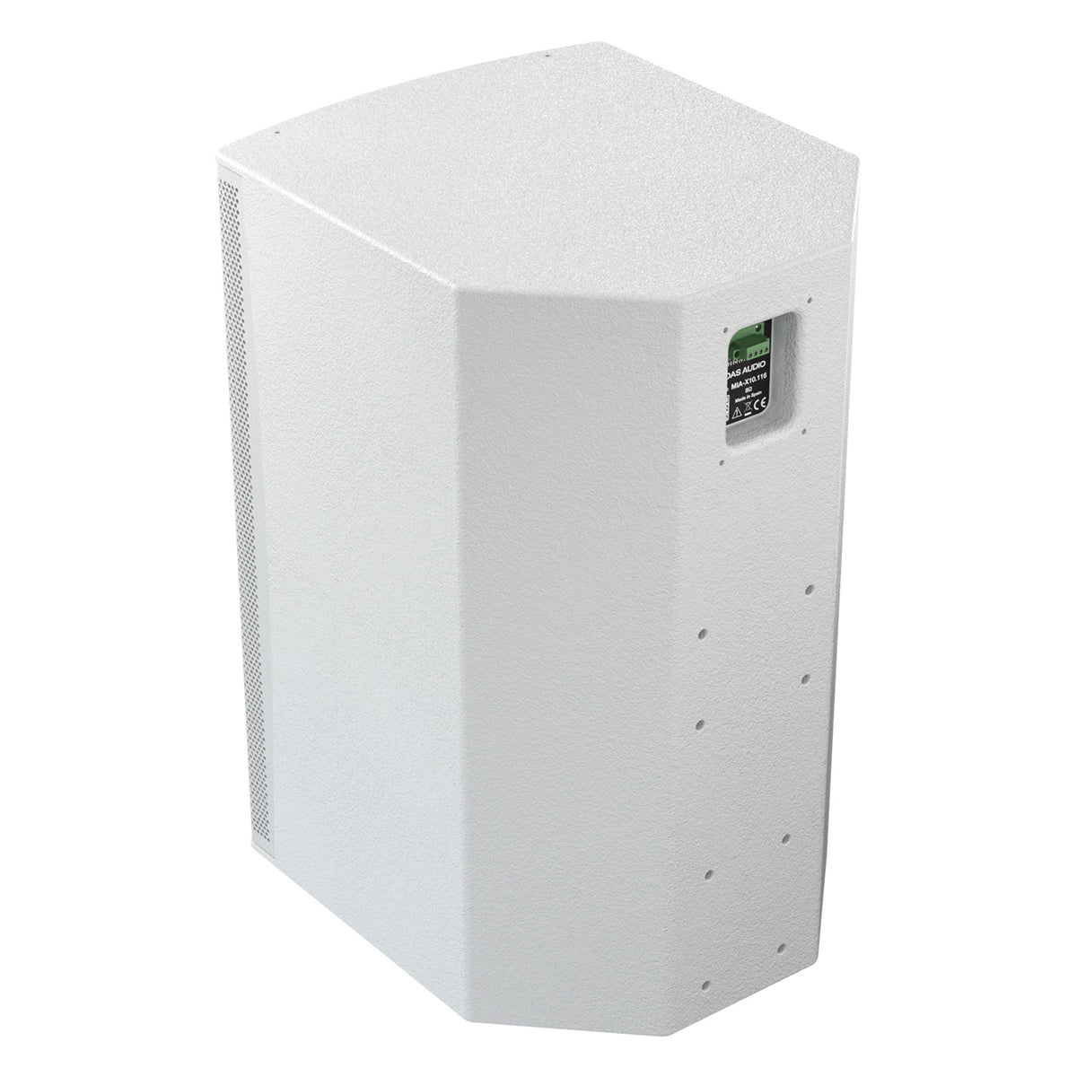 Mia-X 10 rear three-quarter view showing angled back panel, terminal plate and mounting points on white cabinet, DAS Audio
