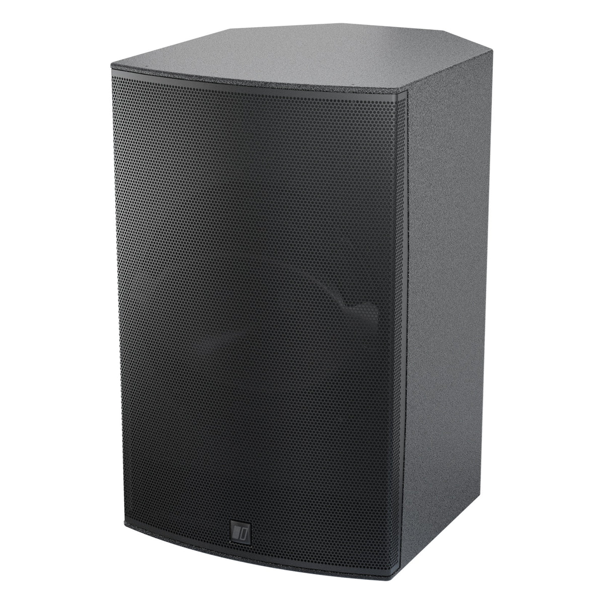 Mia-X 12" surface mount speaker three-quarter view from the left showing perforated black grille and textured cabinet, DAS Audio