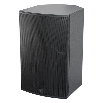 Mia-X 12" surface mount speaker three-quarter view from the left showing perforated black grille and textured cabinet, DAS Audio