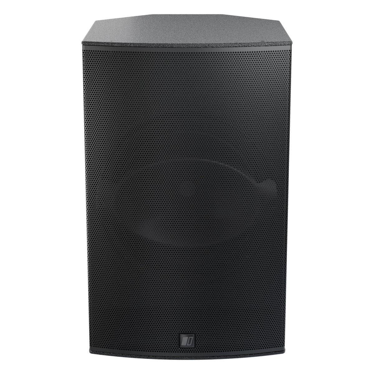 Mia-X 12" surface mount speaker front view with full perforated black grille and logo badge at the bottom center, DAS Audio